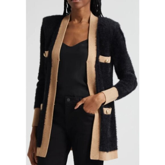 L'AGENCE 'Elin' 4-Pocket Fuzzy Cardigan Sweater, Black/Camel - Picture 2 of 4